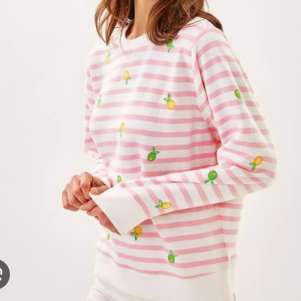 Lilly Pulitzer Pink & White Striped Sweatshirt with Lemon Embroidery